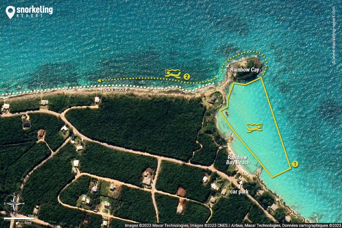 Rainbow Bay Beach Eleuthera snorkeling map